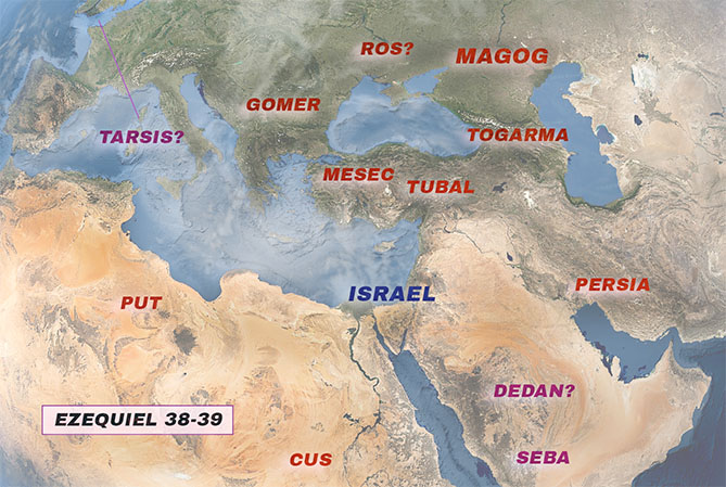Mapa de Ezequiel 38-39 con Magog, Mesec, Tubal, Togarma, Gomer, Persia, Put, Cus, Dedan, Seba, Tarsis