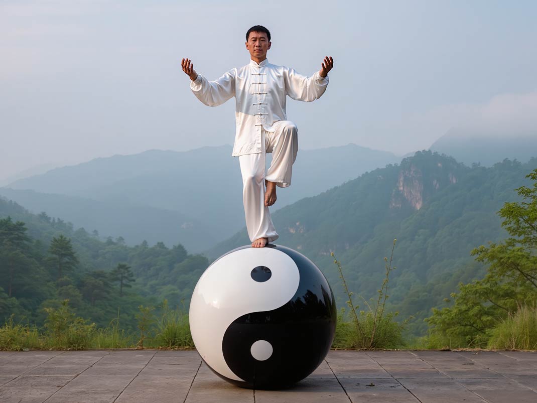 Yin y yang - Hombre encima de una bola de Yin-yang